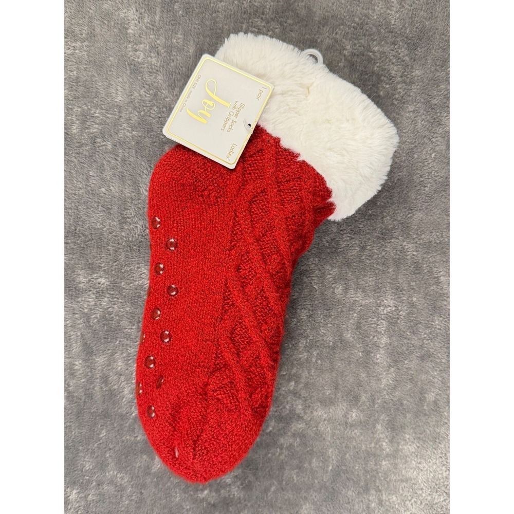 Joy Slipper Socks OS Red Cable Knit Faux Fur Lined Grippers NEW